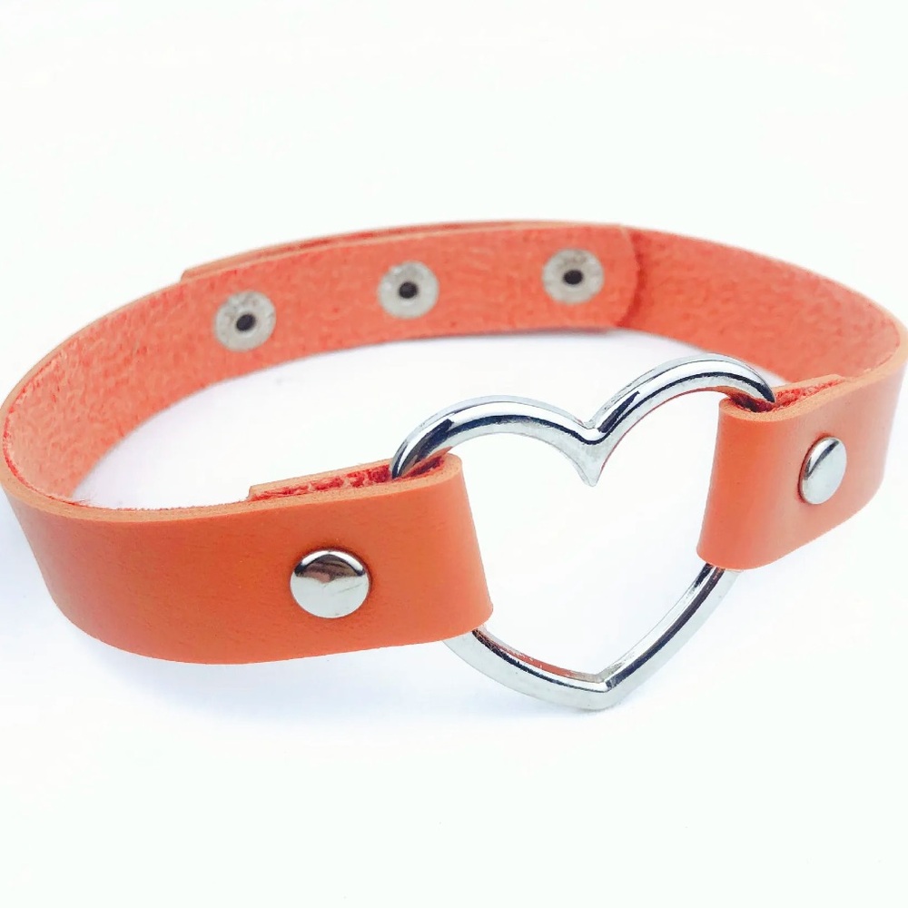 Fun Fashion Jewelry - Silver Heart Choker - Orange Faux Leather Sexy and cute